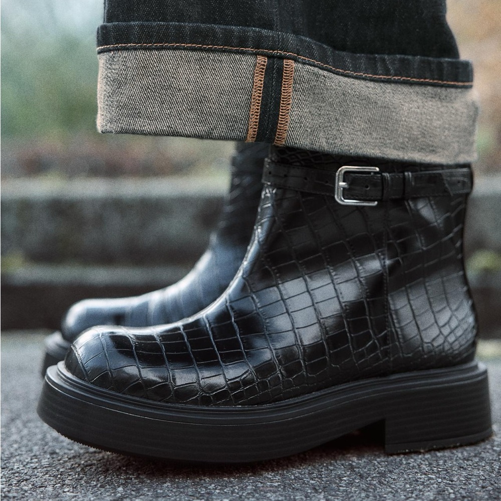 ZARA MOCK CROC FLAT ANKLE BOOTS